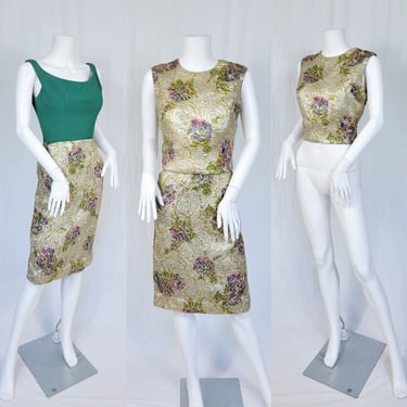 1960's Embossed Silver Gold Metallic Floral Lame' 2 Pc Wiggle Dress I Sz Sm I Cocktail Dress 