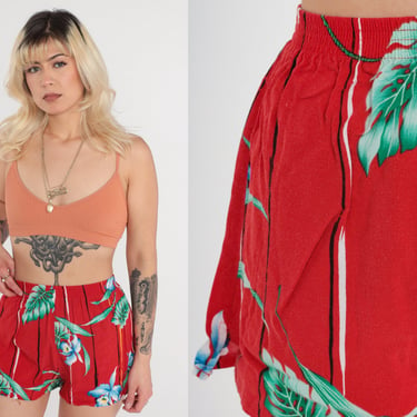 Tropical Floral Shorts 80s Red Jungle Shorts Summer Boho Hippie High Waisted Retro Bohemian Vintage 1980s Striped Small xs 