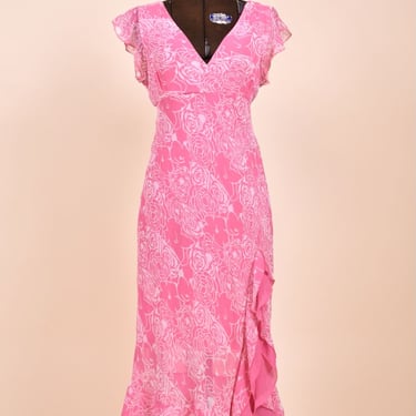 Pink Rose Print Floral Midi Dress By Chesley, S/M