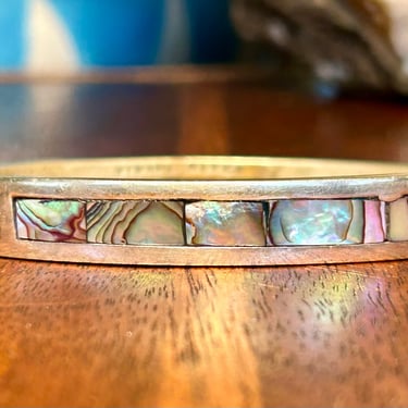 Sterling Silver Mother Of Pearl Bangle Bracelet Alpaca Mexica Handmade Vintage Jewelry 