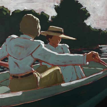 Women in Rowboat - Original Acrylic Painting on Canvas 14 x 14, green, outside, lake, michael van, square, water, boat, landscape, canoe 