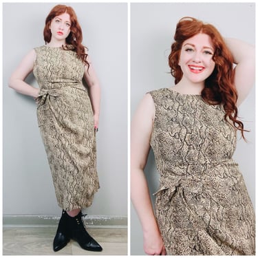 1990s Vintage Brown Snakeskin Print Wiggle Dress / 90s / Nineties Sarong Skirt Python Dress / Size Large - XL 