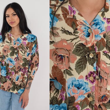 90s Floral Blouse Button up Shirt Rose Flower Print Collared Top 3/4 Sleeve Retro Bohemian Pale Yellow Blue Green Vintage 1990s Medium 