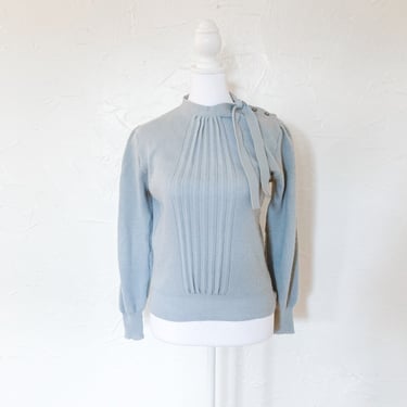 70s/80s Ice Blue Gray Sweater with Necktie and Shoulder Buttons | Small 