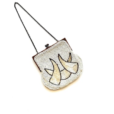 Antique Art Deco Beaded Bag White Silver Mini Handbag Coin Purse 