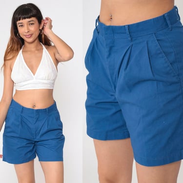 Blue Trouser Shorts 80s Pleated Mom Shorts High Waisted Plain Basic Shorts 1980s Vintage Summer Bottoms Medium 