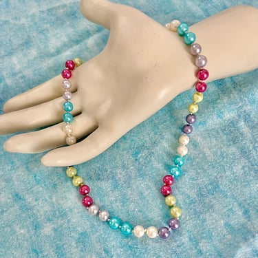 Multi Pearl Necklace, Rainbow Faux Pearls, Vintage Choker, Beads 