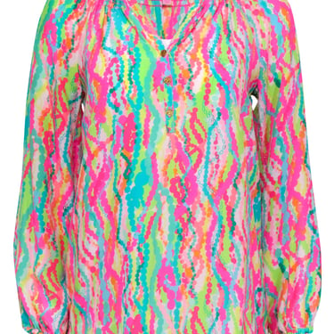 Lilly Pulitzer - Pink &amp; Multicolor Print Silk Peasant Blouse Sz XS