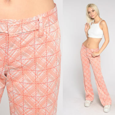 70s Bell Bottom Pants Orange Checkered Trousers Mid Rise Flared Pants Groovy Hippie Bellbottoms Flares Seventies Vintage 1970s Medium Tall 