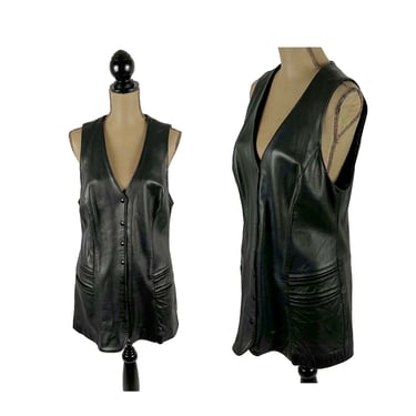 Genuine Buttery Soft Black Leather Vest Large, Women Vintage Waistcoat V Neck Snap Button Longline Gilet, Made in the USA by Positano 