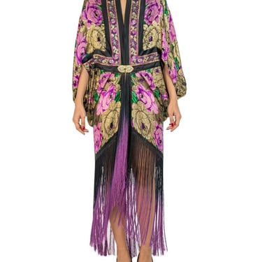 Morphew Collection Black, Gold  Purple Metallic Silk Lamé Cocoon With Fringe And Silver Vintage Clasp 