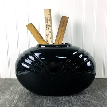 Black ceramic oval vase - 1980s vintage decor 