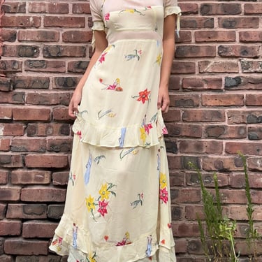 Vintage 90s does 30s Nataya Novelty Hand Painted Ladies Rayon Long Dress Small by TimeBa
