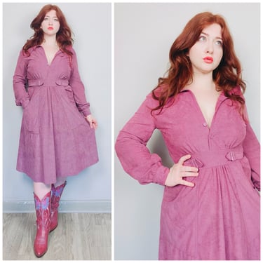 1970s Vintage Purple Terry Cloth Fit and Flare Dress / 70s Seventies Long Sleeve Dress / Size Small 