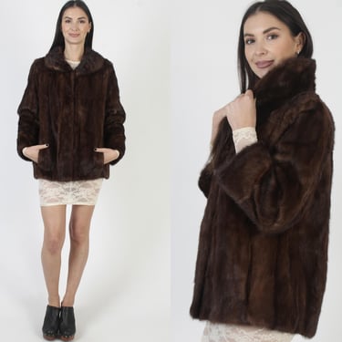 Cropped Mahogany Mink Jacket, Dark Brown Short Fur Coat, Brown Real Bridal Overcoat 