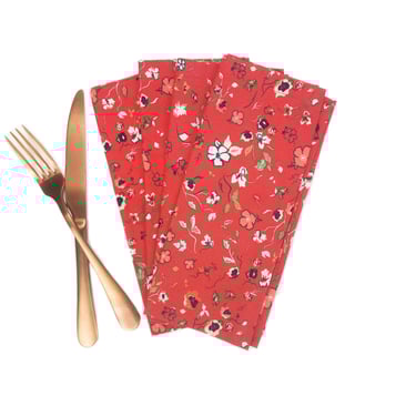 Red Floral Cotton Cloth Napkins, Set of 4 