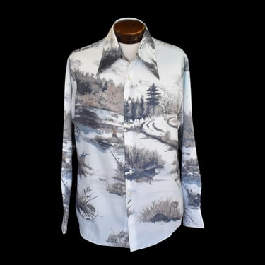 Vintage 70s Mickey & Minnie Mouse Sledding Winter Scene Print Shirt, 1970s Polyester Long Sleeve Button Front, Kennington, Size XL 