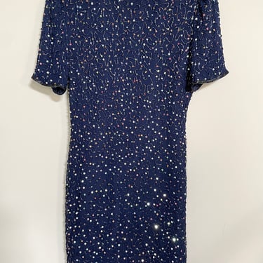 Vintage Laurence Kazar 100% Silk Beaded Dress Blue Sequin Size Medium 