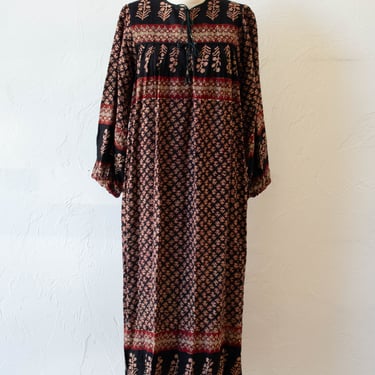 Vintage 1970s Indian Cotton Block Print Dress S/M