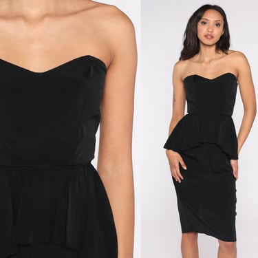 Strapless Black 1980s Midi Party Dress With Sweetheart Neckline