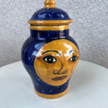 Vintage Mexican blue yellow pottery ginger jar double sided face theme signed E. Ortiz 