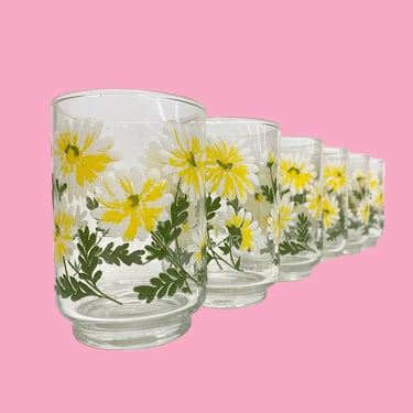 Vintage Water Tumblers Retro 1970s Mid Century Modern + Libbey + Daisy Flowers + Clear Glass + Set of 6 + Drinking Glasses + Floral Glass 