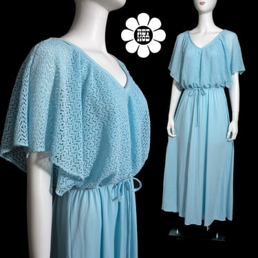 Vintage 70s Light Blue Spring Maxi Dress with Netted Boho Top 