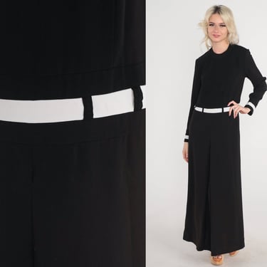 Black Maxi Dress 90s Long White Trim Dress Long Sleeve Simple Chic Basic Plain Low Waist Minimalist Dress Vintage 1990s Medium M 