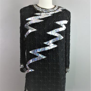 Lightning Strike - 1980-90's - Tunic - Mini - Trophy - Tunic - Sparkle Tunic - Black Silver -  Beaded -  Sequin - Marked size S 