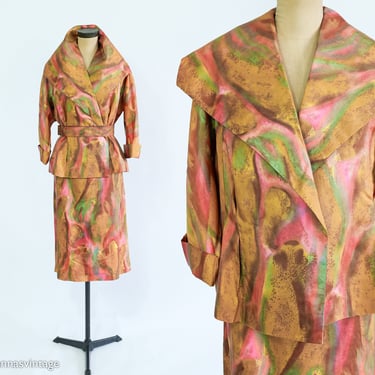 1950s Brown Watercolor Print Jacket & Skirt Suit | 50s Colorful Abstract Print Portrait Collar Suit | Bel Robe Model | Large 