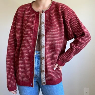 Woolrich Womens Red Brown 100% Wool Chunky Knit Winter Cardigan Sweater Sz XL 