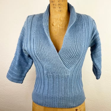 Vintage 40s/50s Hand Knit Sweater Medium Blue Wool Rib Knit/ Vintage 1940s 1950s Shawl Collar Sweater XS/S 