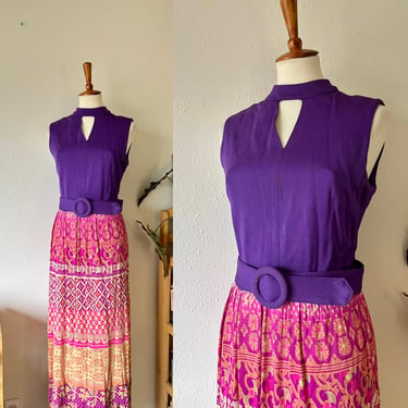 Vintage purple and pink belted 70s hippie maxi party dress size xs 