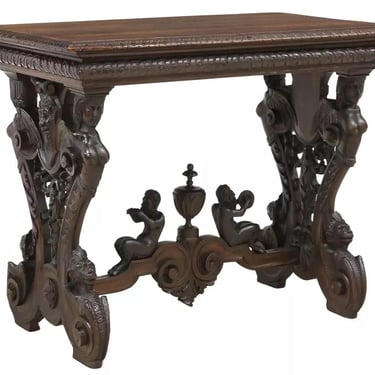 Antique Table Desk, Renaissance Revival, Carved, Walnut, Musician Motif, 1800s!