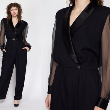 Medium 80s Black Sheer Sleeve Satin Trim Jumpsuit | Vintage Wrap Bodice Relaxed Fit Formal Pantsuit 