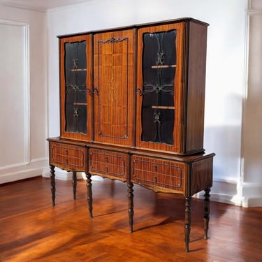 Antique Hutch Cabinet, Mahogany, Inlay Wood, Glass, Display, Storage, Unique, Turned Wood, Spanish Revival, Italian, Victorian, Ornate 