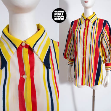 So Cool Vintage 60s 70s Yellow Red Blue White Stripe Button Down Collared Blouse 