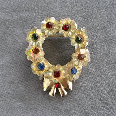 Vintage Margarita Rhinestone Christmas Wreath Brooch - 1960s Wired and Scalloped Flower Beads Holiday Pin 