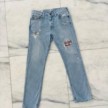 Y2K Vintage Hollister Jeans Slim Straight Light Wash Distressed Plaid Detail Mens 31X32 