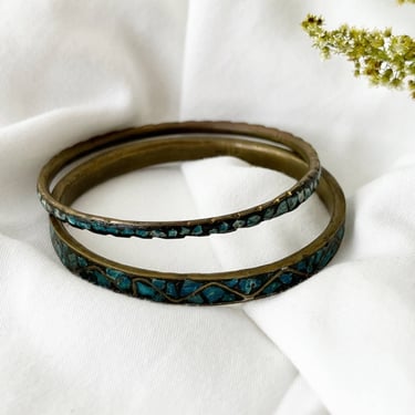 Vintage Indian Bracelets Turquoise & Brass Inlaid 70s Pair Skinny 