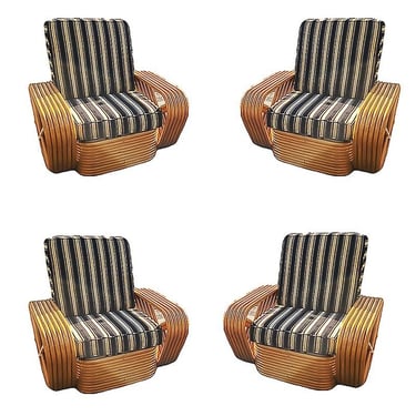 Set of 4, Restored Six-Strand Square Pretzel Rattan Lounge Chair 