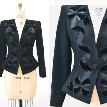 80s Vintage Black Bow Beaded Party Jacket Blazer Nolan Miller Size 6 small// 90s Glam Formal Black Tie Bow Black Beaded Jacket Holiday 