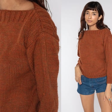 Boatneck Sweater Rust Brown WOOL Sweater 80s Pullover Boat Neck Sweater Plain Knit Vintage 70s Jumper 1980s Small 