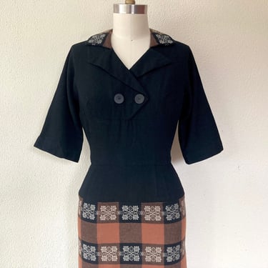 1950s black and brown wool wiggle dress 