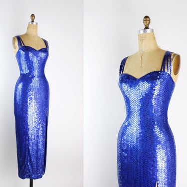 80s Royal Blue Sequined Beaded Maxi Dress / Prom Dress / Party Dress / Blue Vintage Dress / Size S/M 