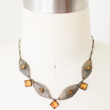 Antique Citrine Czech Glass and Brass Necklace | 1920s-1930s Art Deco Necklace 