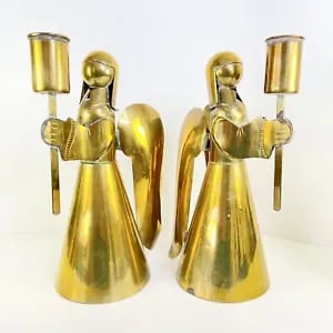 2 Vintage Modern Christmas Copper Brass Angel Candle Holders Mexican Art Mcm 12”