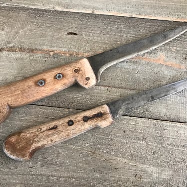 Pair French Carving Knives, Handcrafted, Carbon Steel, Wood Handle, Chef, Butcher, Cutlery, Rustic Farmhouse Kitchen Cuisine 