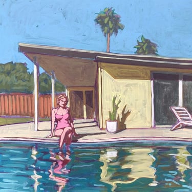 Pool #92 - Original Acrylic Painting on Canvas 20 x 20, woman, swimming, outside, summer, michael van, retro, mcm, vintage, water, backyard 