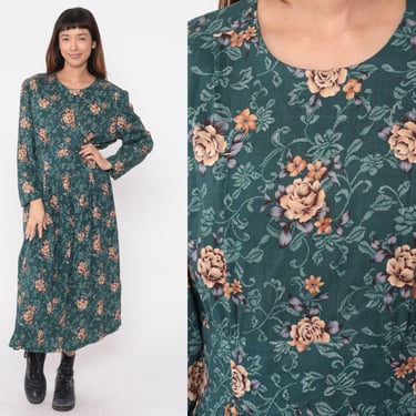 90s Floral Dress Green Drop Waist Multicolored Ankle Length Midi 1990s Rayon Flower Patterned Long Sleeve Vintage Extra Large xl 16 